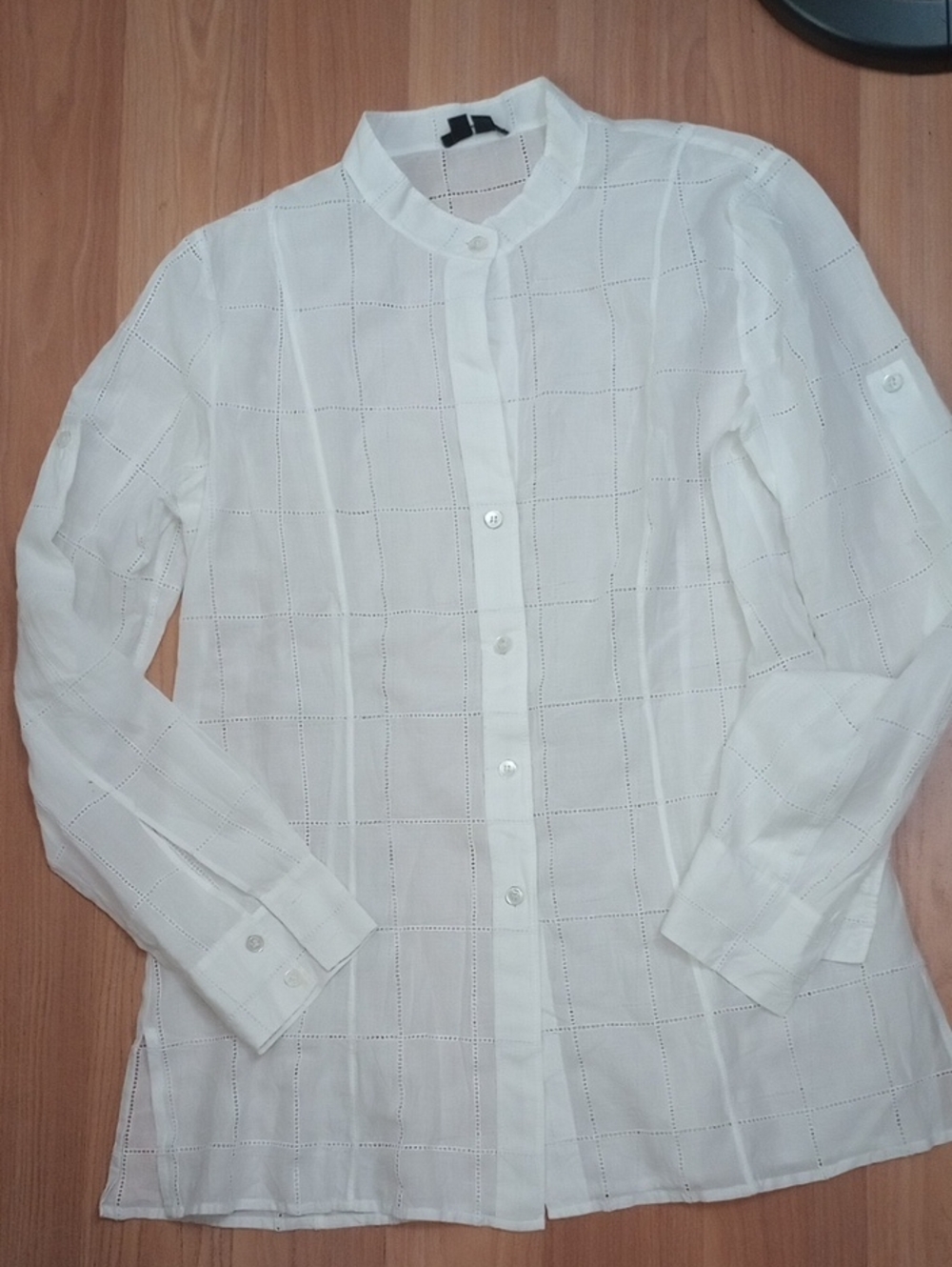 Theory White Eyelet-Grid Mandarin Collar Dress Shirt